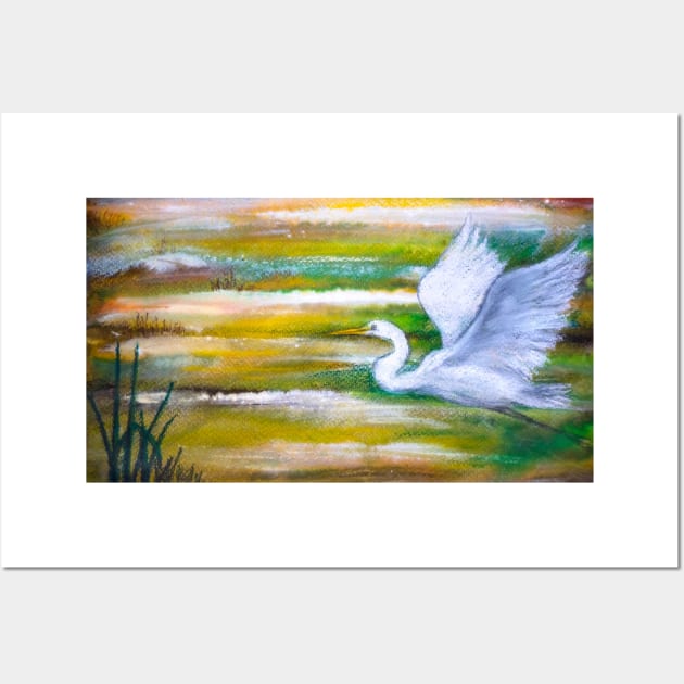 Snow egret flying over march Wall Art by redwitchart